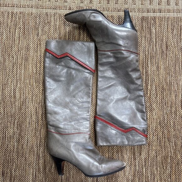 Vintage St. Moritz Gray Red Leather Boots Heels Size 5.5 - Picture 2 of 6